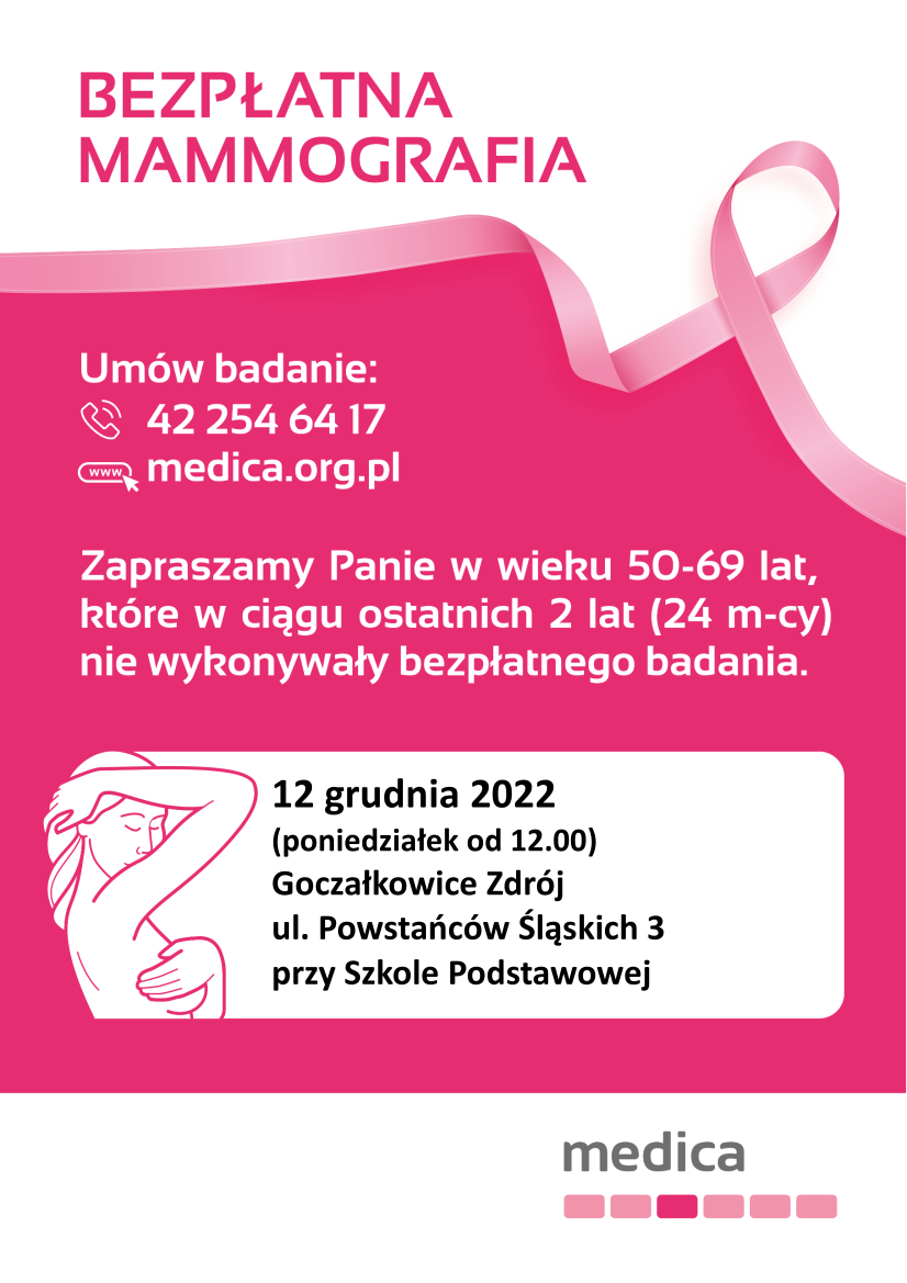 Plakat z informacjami o bezpłatnej mammografii