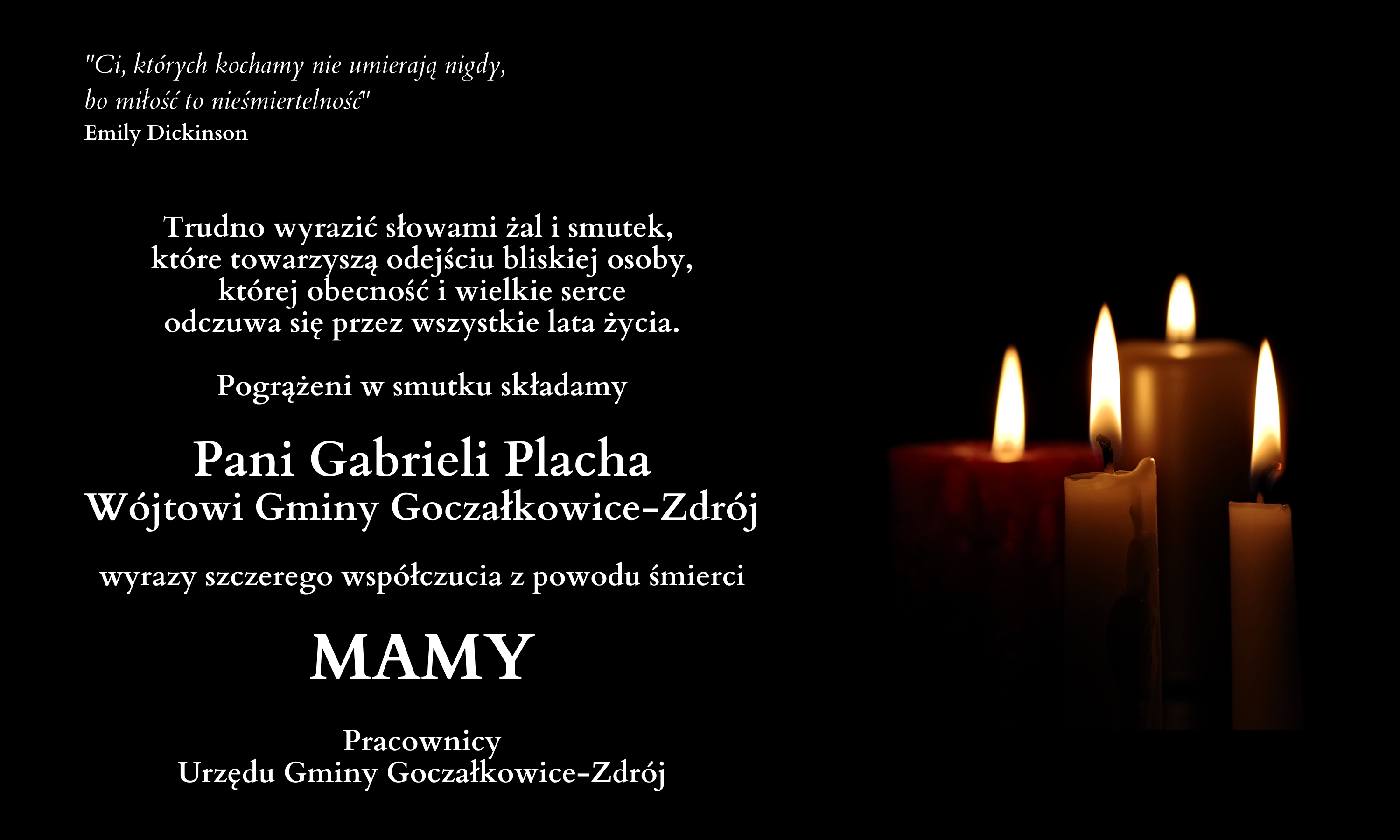 Grafika z kondolencjami na czarnym tle, obok palące się świece