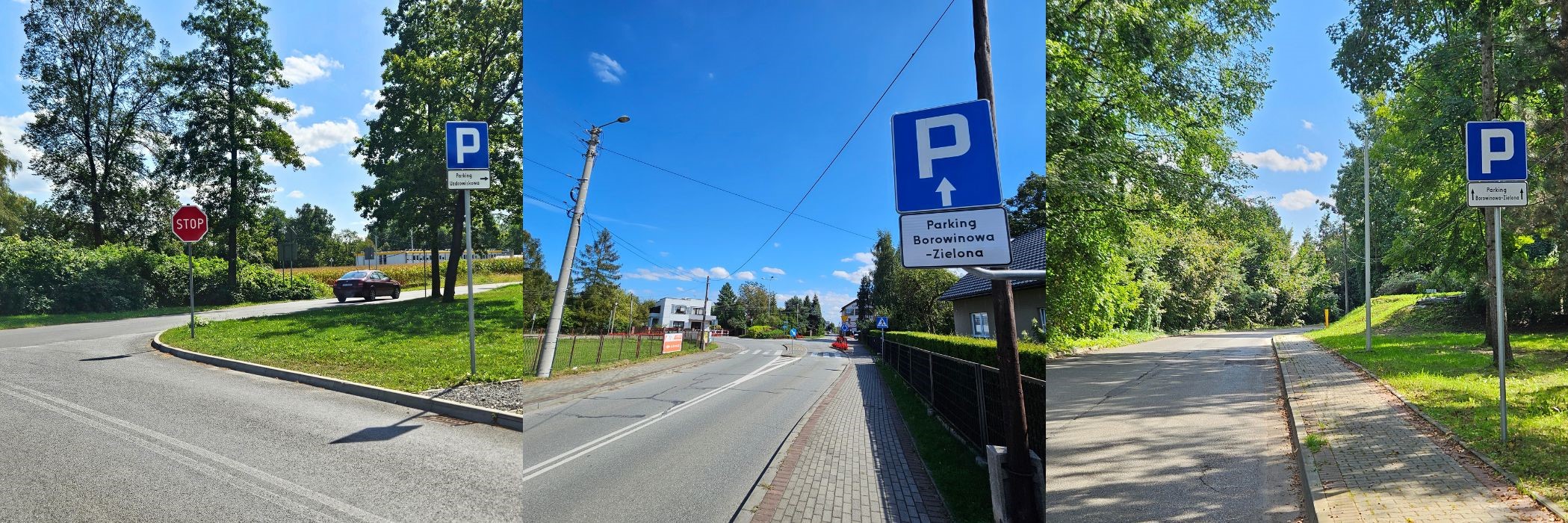 Trzy zdjęcia ze znakami informującymi o dojeździe do gminnych parkingów